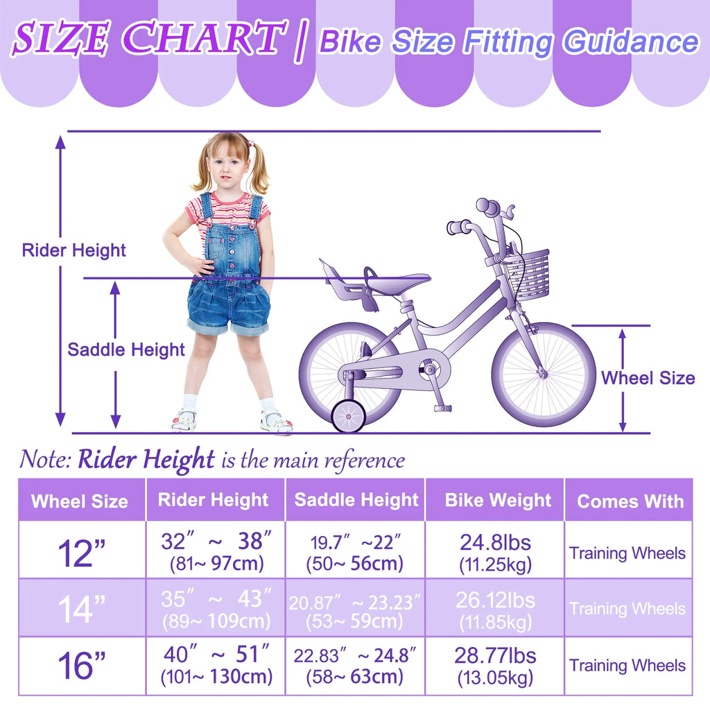 XJD Girls Bike for Toddlers 3-9 Years Old Kids, 14 Inch Kids Bike with Training Wheels, Streamers, Basket and Doll Seat, Children Bicycles with Handbrake