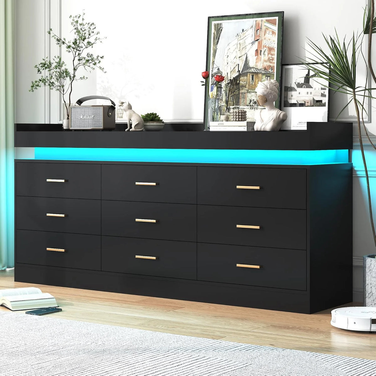 ANPOO 9 Drawer Dresser with LED Lights and Charging Station, Modern Double Wide Chest of Drawers with Power Outlet for Bedroom, Living Room