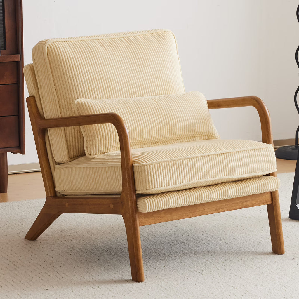 Ktaxon Accent Chair Corduroy Upholstered Armchair, Reading Club Chair with Pillow and Solid Wood Frame for Living Room Bedroom Furniture Off White