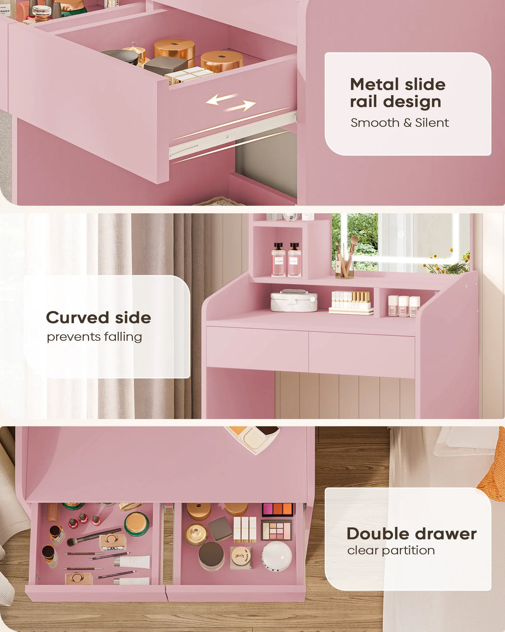 LIVELYGLOW Vanity Desk Set with Square Mirror and Light- Small Vanity Table with Drawers- White