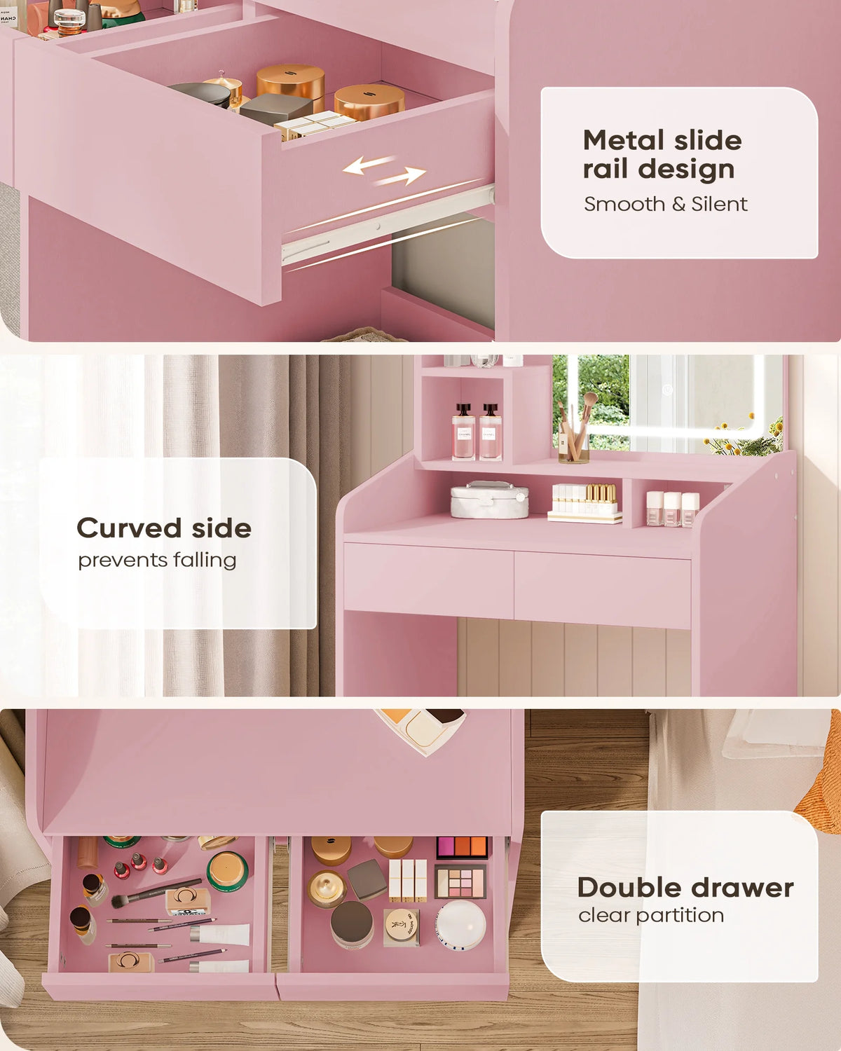LIVELYGLOW Vanity Desk Set with Square Mirror and Light- Small Vanity Table with Drawers- White