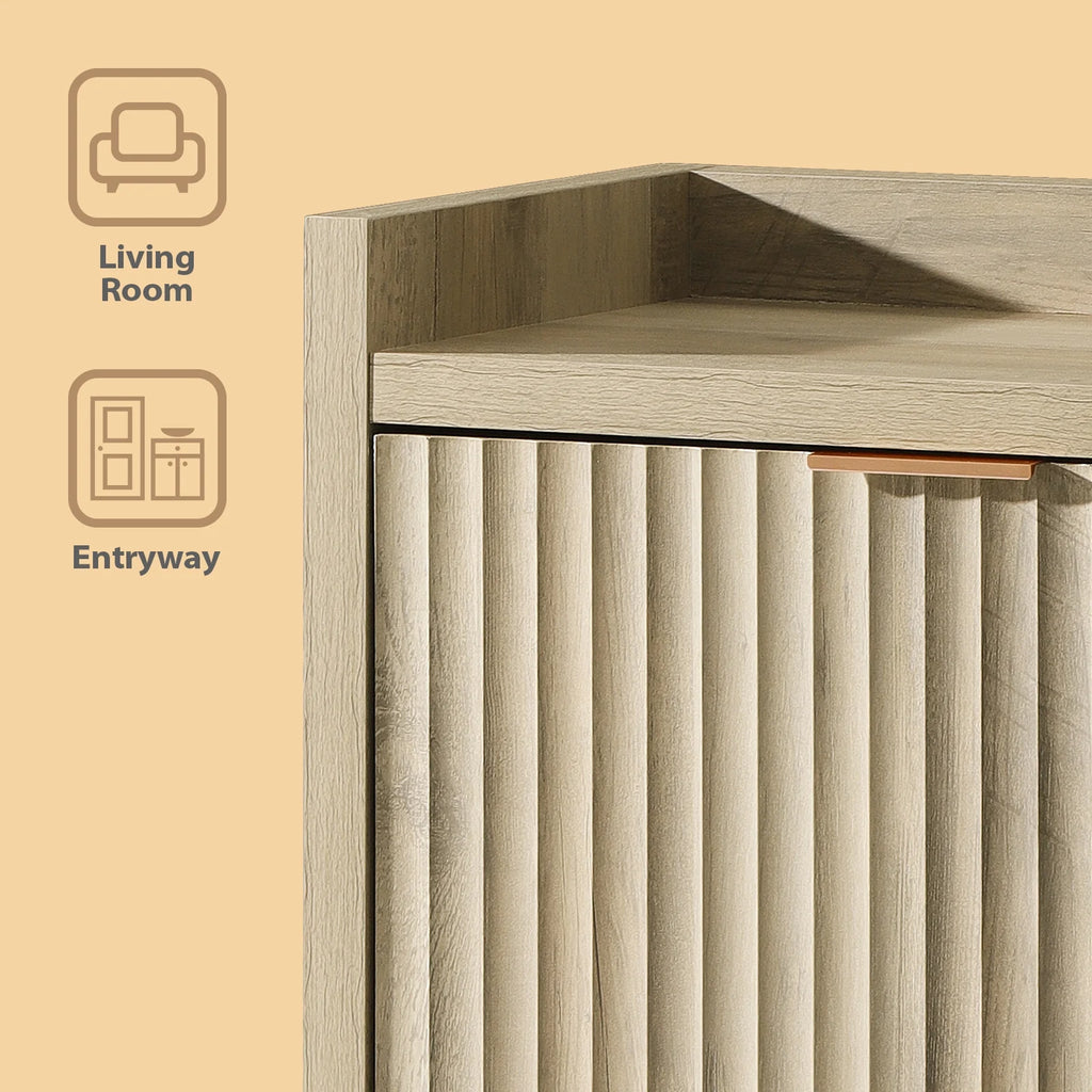 ARKANTOS Fluted Shoe Cabinet 3 Level Adjustable Shelf and 2 Doors Light Gray Oak