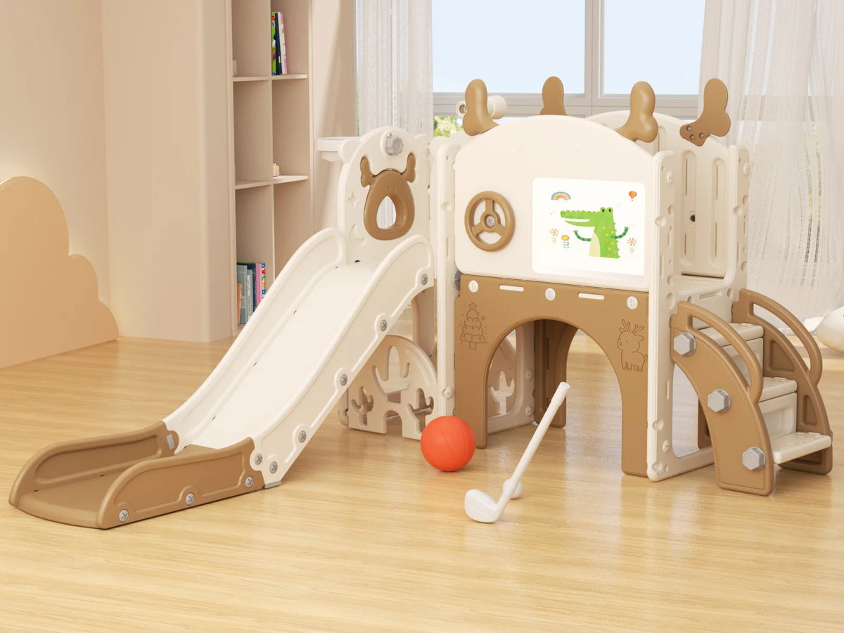 Korimefa 11-in-1 Toddler Slide Set with Golf, Basketball Hoop, Kids Slide for Toddlers Age 1-4, Climber Slip and Slides, Baby Outdoor Toys