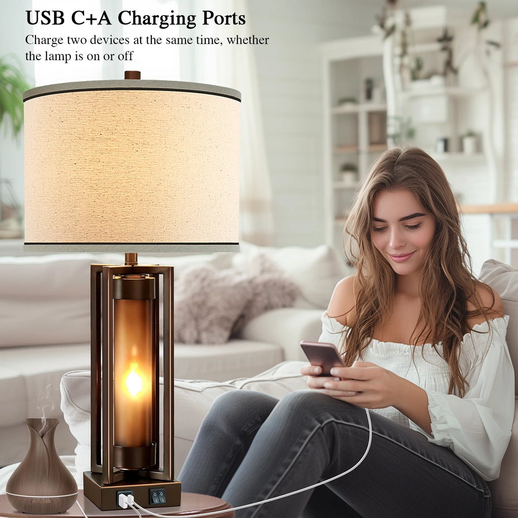 RORIA 24 Modern Living Room Table Lamp 2-Piece Set with 2 USB Charging Ports, Built-in White Frosted Glass with Night Light, Black Vintage Rustic Farmhouse Lamp for Bedroom Nightstand Lamps