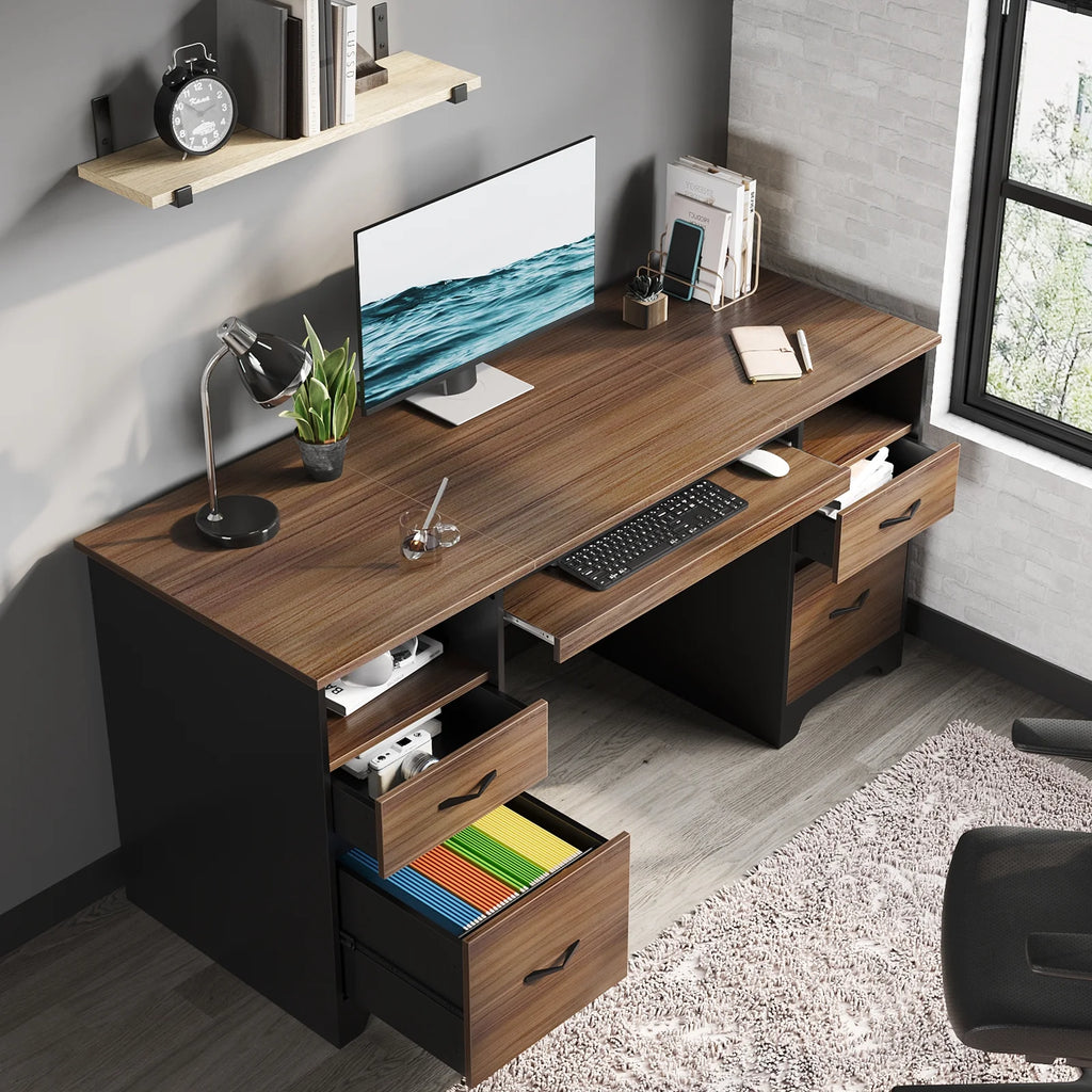 Bestier 59 Computer Desk with 4 Drawers, Office Executive Desk with File Drawer, Keyboard Tray for Home Office, Gray