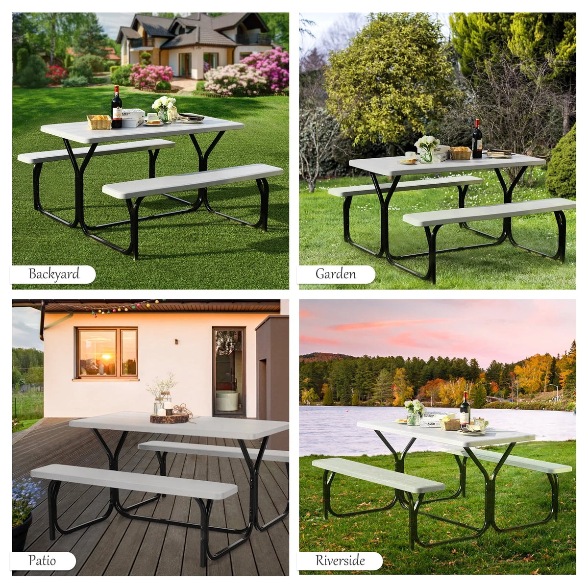 Costway Picnic Table Bench Set Outdoor Backyard Patio Garden Party Dining All Weather White