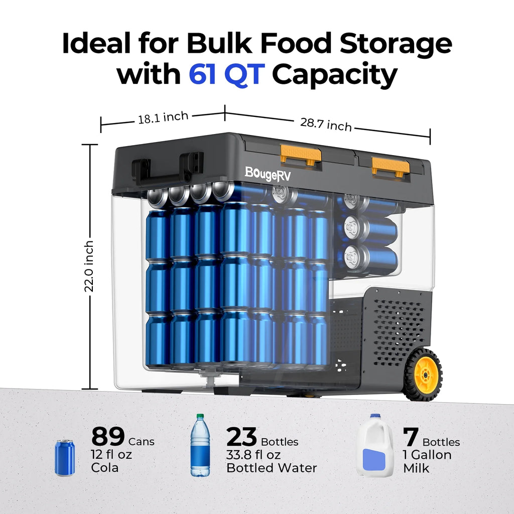 BougeRV Car Refrigerator 61QT Dual Zone, 12 Volt Portable Freezer Fridge with Wheels, APP Control Compressor Refrigerator 12V/24V DC for RV Truck Vehicle Boat Outdoor Travel Camping Trip Use