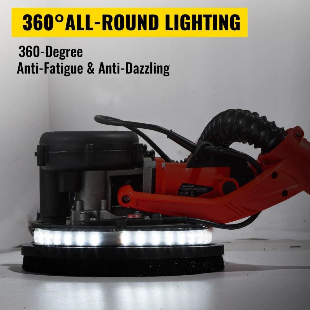 VEVOR Electric Drywall Sander 850W  Variable Speed 800-1750 RPM  Foldable Sheetrock Sander with Telescope Handle  LED Strip Light  Vacuum Bag  Wall Sander for Professional Use