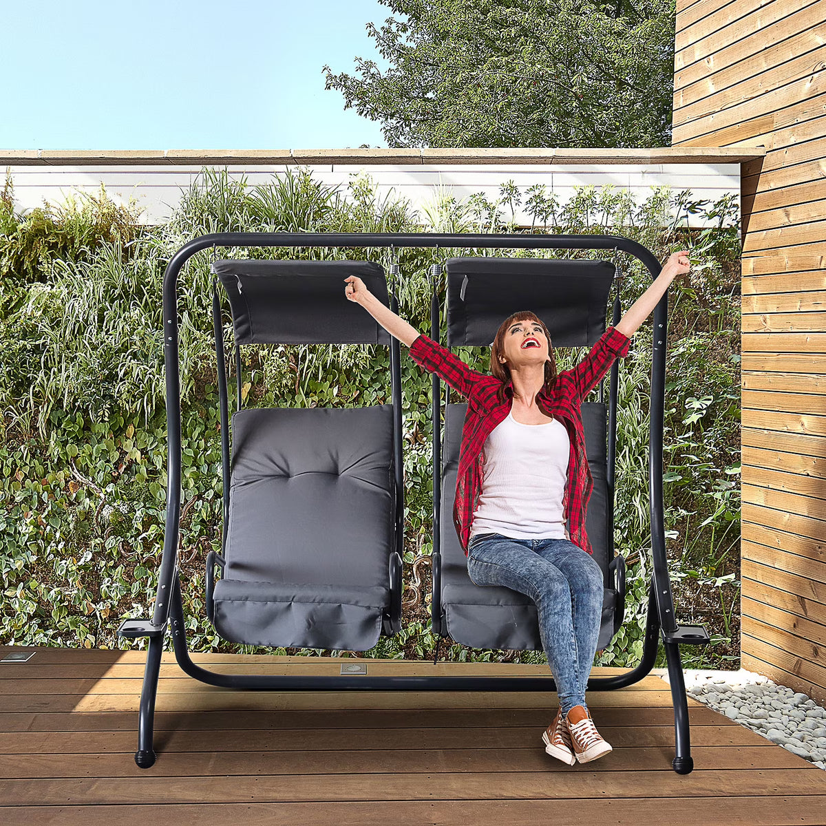 Outsunny 2-Seat Modern Steel Canopy Porch Swing with Cup Holder and Cushions, Beige/Black