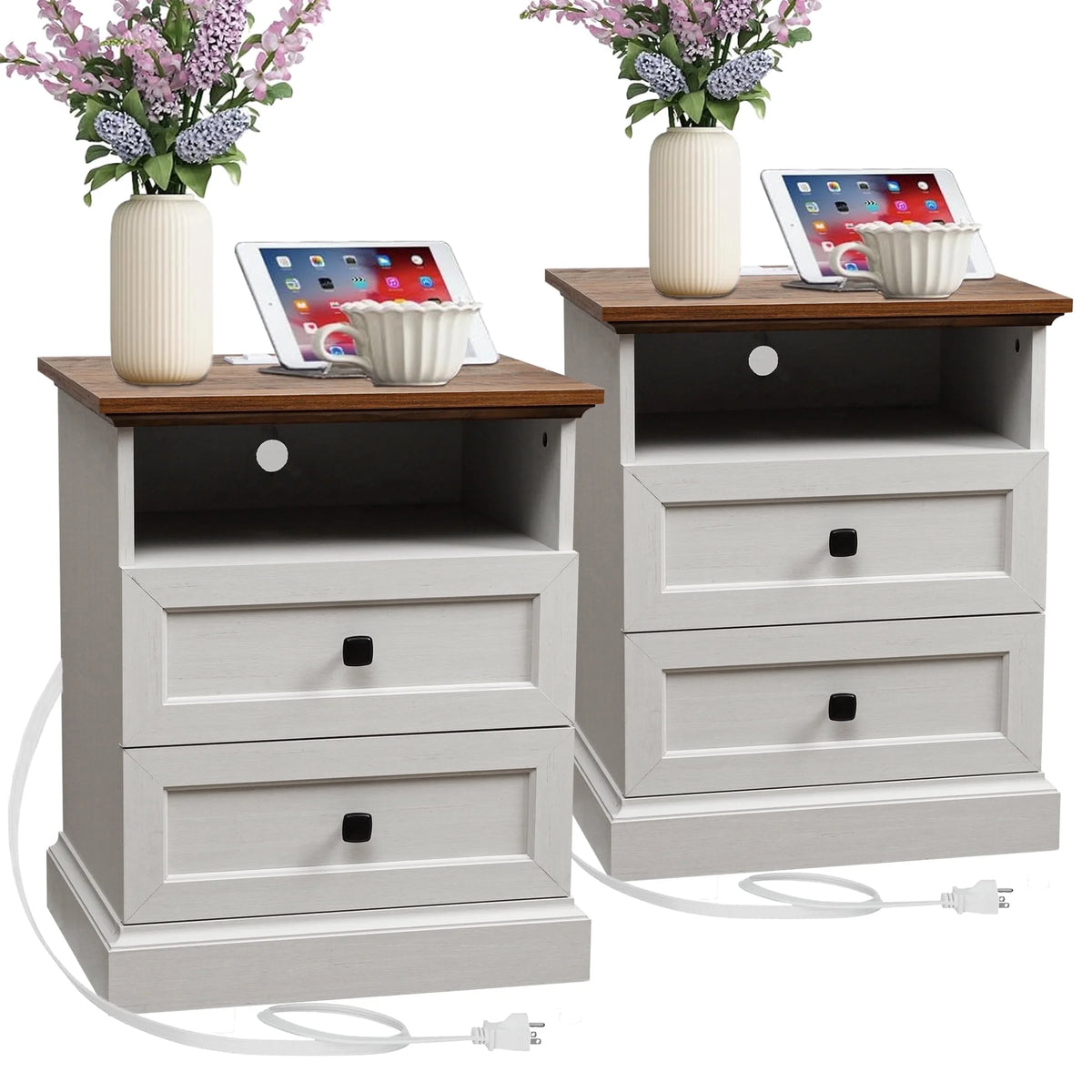 FIAKOA Night Stand Set of 2 with Charging Station, Bedside Table with 2 Drawers Storage and Open Shelf, White Farmhouse Nightstands  for Bedroom Office