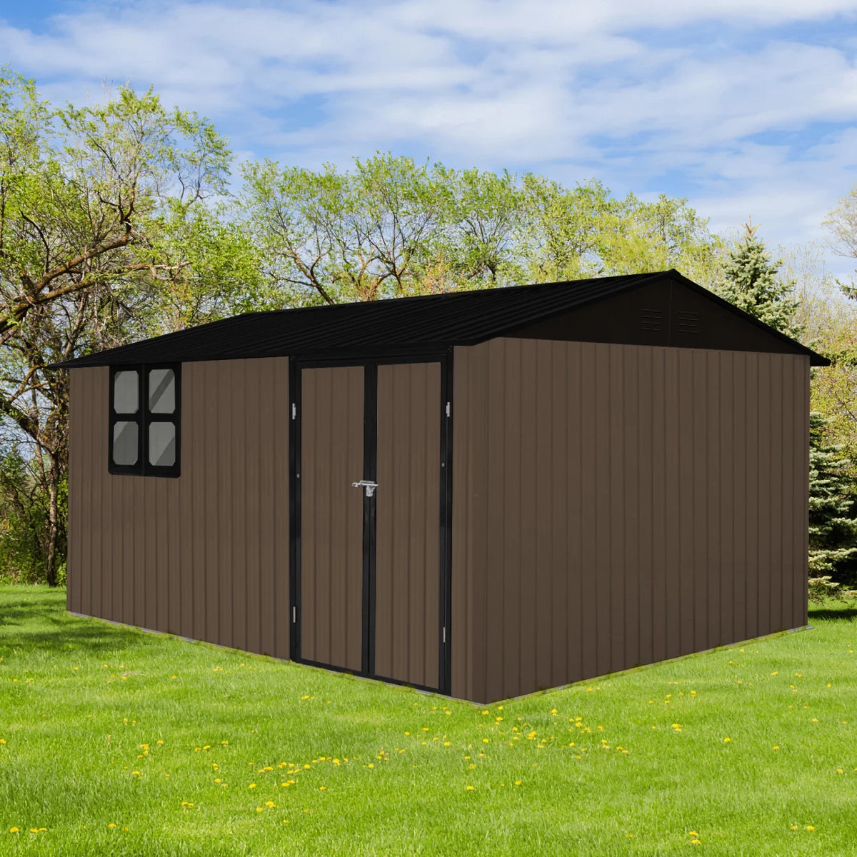 10x12 FT Outdoor Storage Shed, Metal Garden Tool Shed with Vents, Window and Bulit-in Hooks, Waterproof  Organization for Home/Backyard/Garden Tools/Lawn Storage, Yellow+White