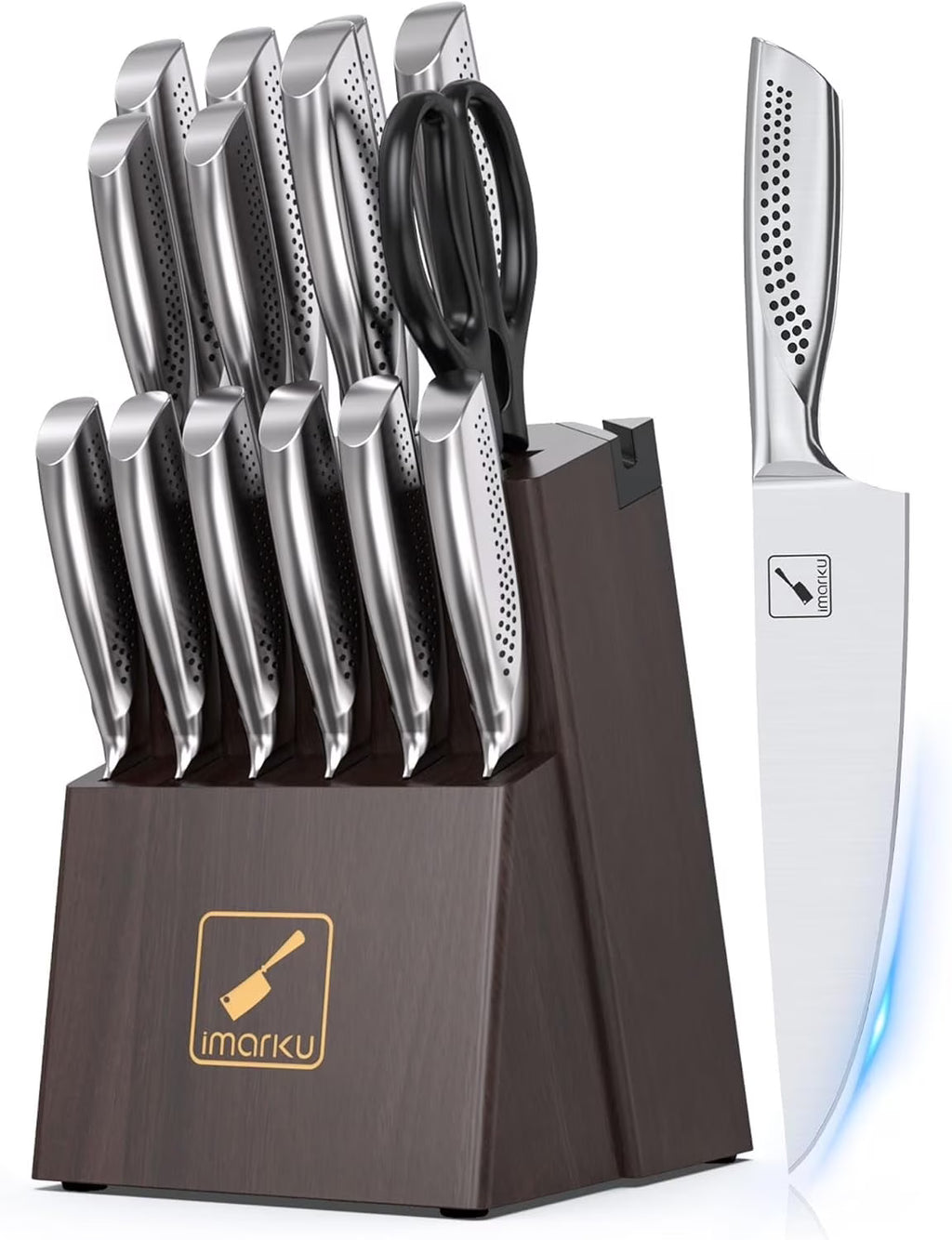 imarku Japanese HC Stainless Steel 15 Piece Kitchen Knife Set, Built in Sharpener, Sharp Knife Set with Point like Ergonomic Handle, Holiday Gift, Home Chef Knife, White