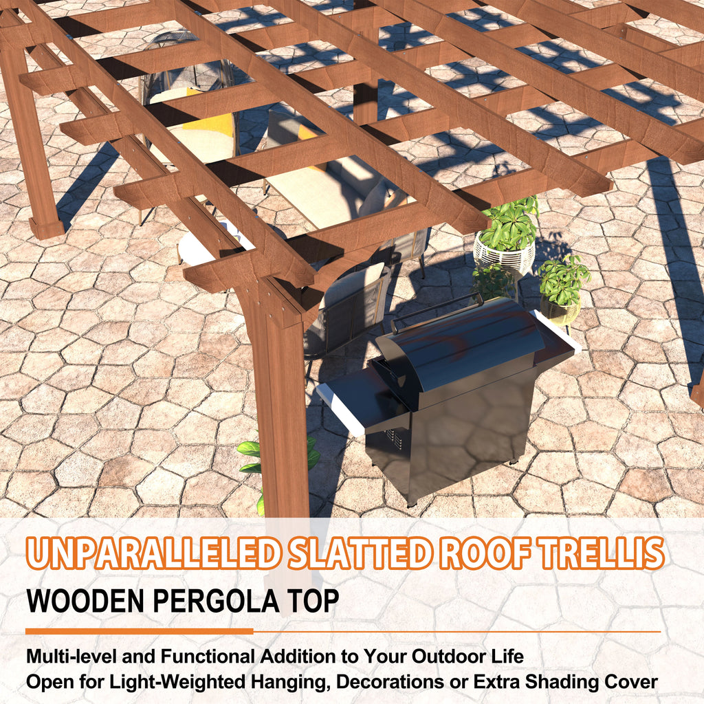 VEIKOUS 12'x10' Cedar Wood Pergola w/ Flat Roof and Ground Stakes for Outdoor Patio, Garden, Deck