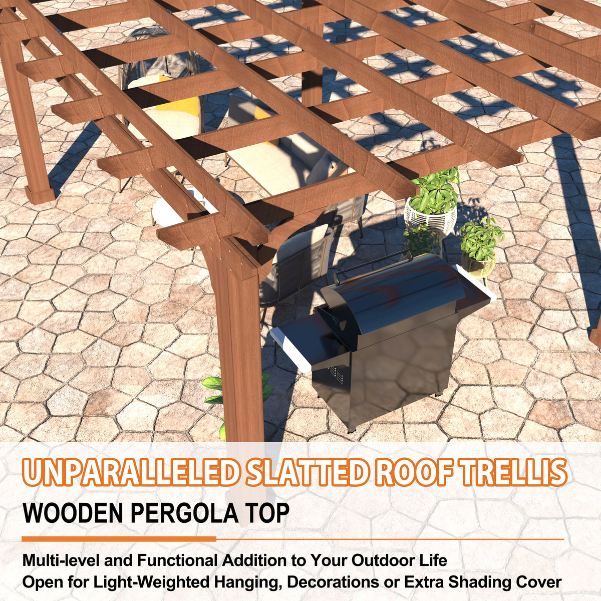 VEIKOUS 12'x10' Cedar Wood Pergola w/ Flat Roof and Ground Stakes for Outdoor Patio, Garden, Deck