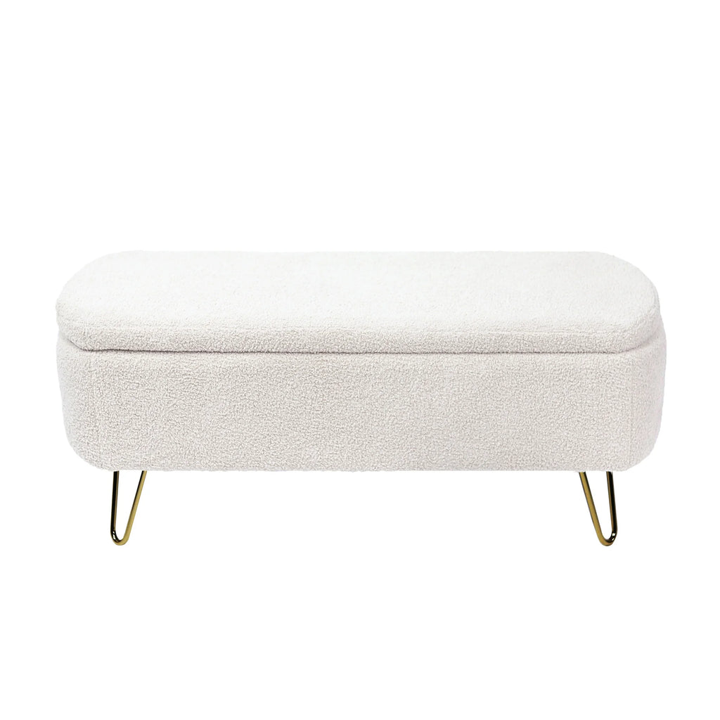 Syngar Entryway Bench with Storage for Bedroom, Living Room, and End of Bed, Faux Fur Ottoman Foot Rest with Storage,Upholstered Bench with Storage with Metal Leg,Ivory