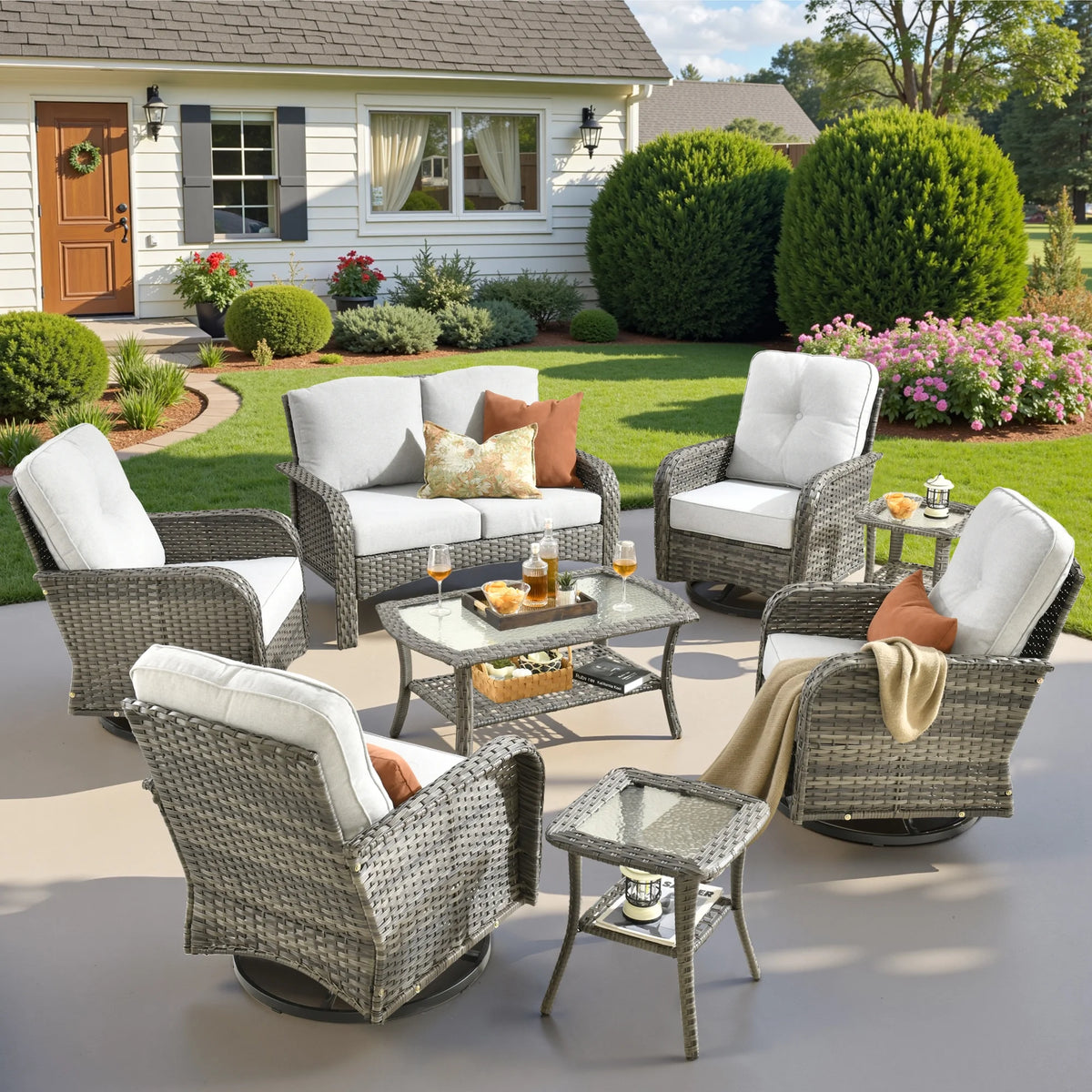 Ovios 5 Pieces Outdoor Patio Furniture Set High Back All Weather Wicker Conversation Set with Swivel Chairs & Coffee Table, Dark Gray