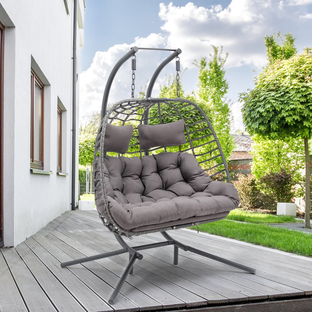 Brafab 2 Person Swing Egg Chair with Sturdy Stand and Fluffy Cushion, Large Double Hand-Woven Wicker Rattan Hanging Egg Chairs, Porch Swing Loveseat 500LBS Capacity for Indoor Outdoor, Light Grey