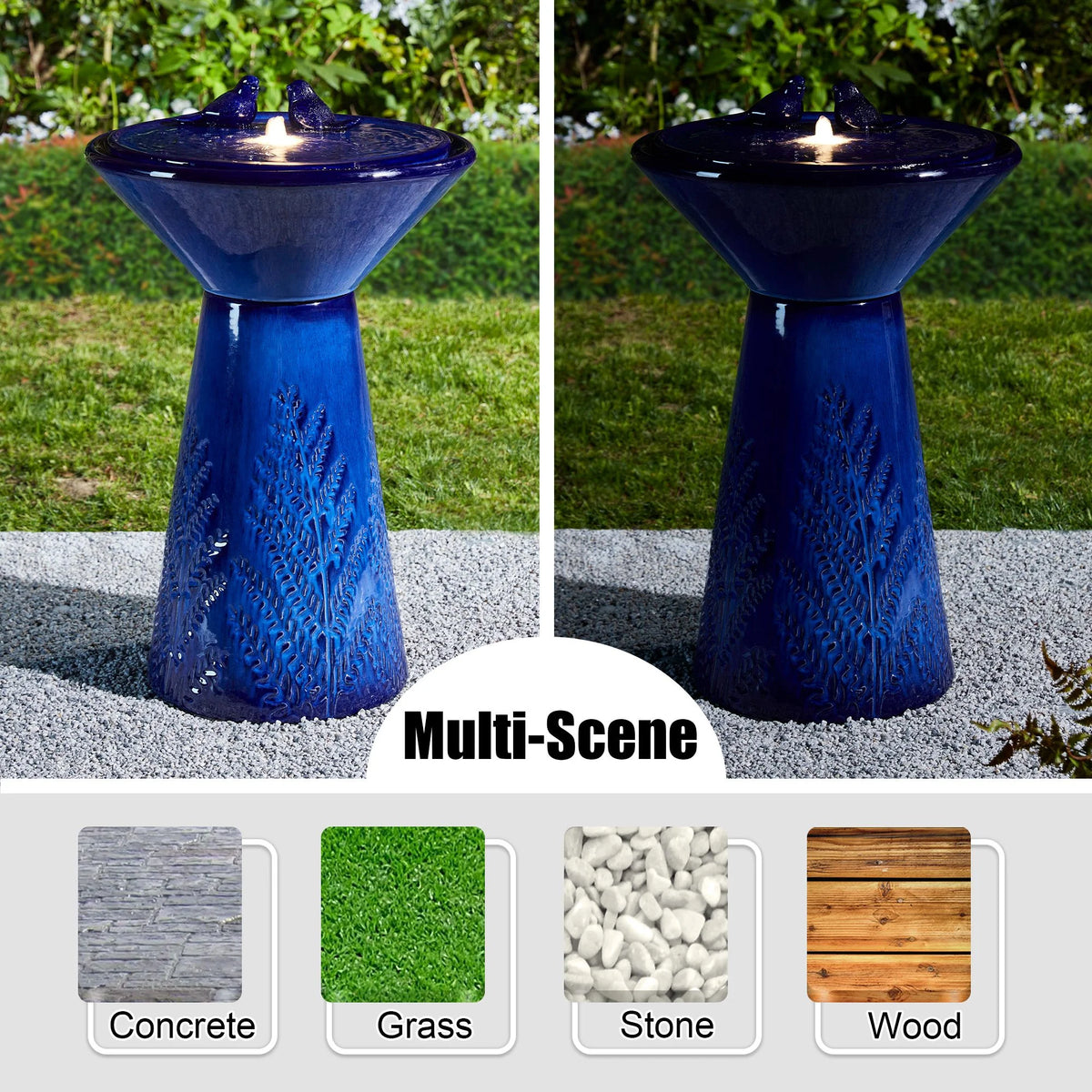 Glitzhome 27.5" Fountain with Pump and LED Light Embossed Pedestal Ceramic Bird Bath, Turquoise