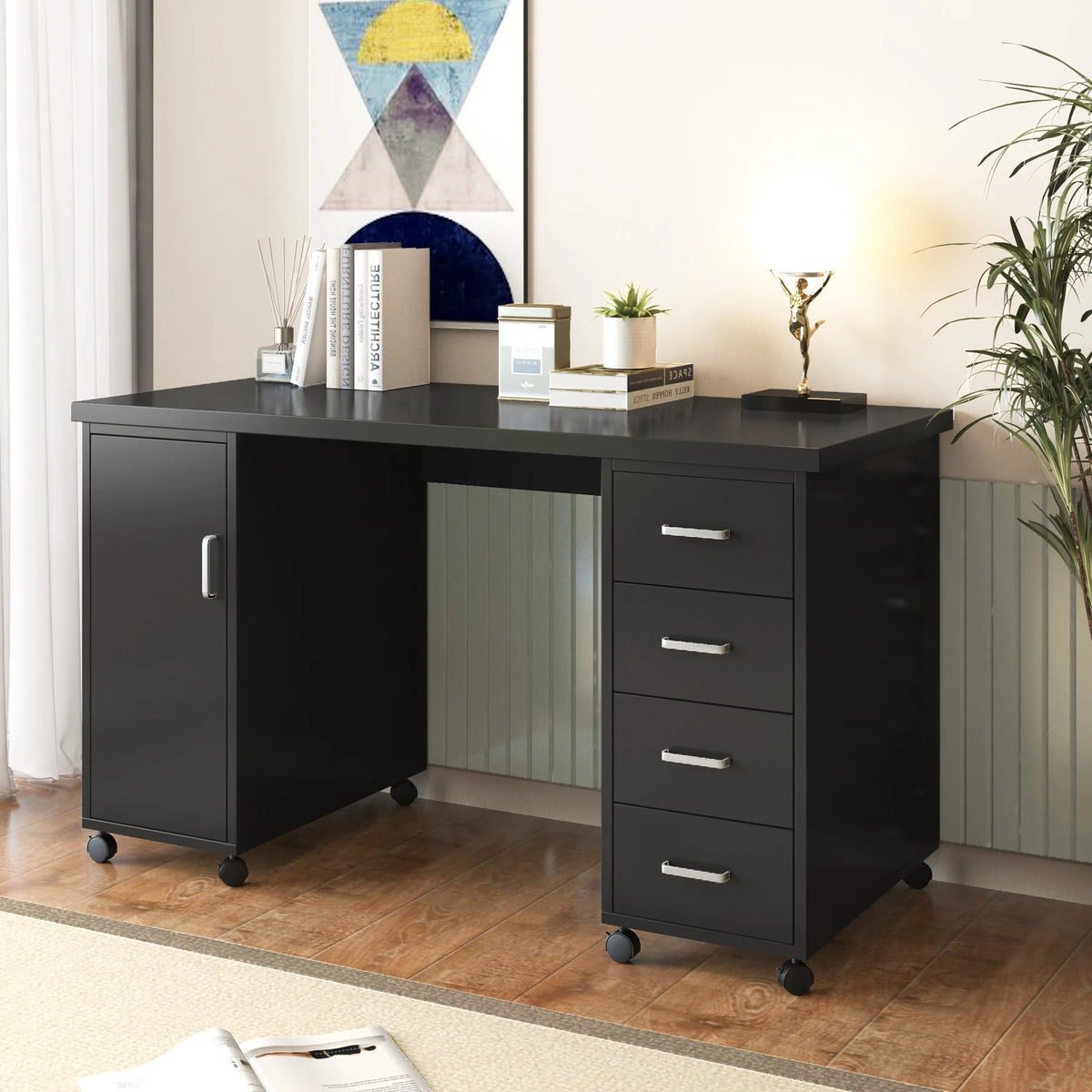Sesslife White Computer Desk, Writing Desk with Lockable Wheels Modern Wood Study Desk with 4 Drawers for Home Office Workstation