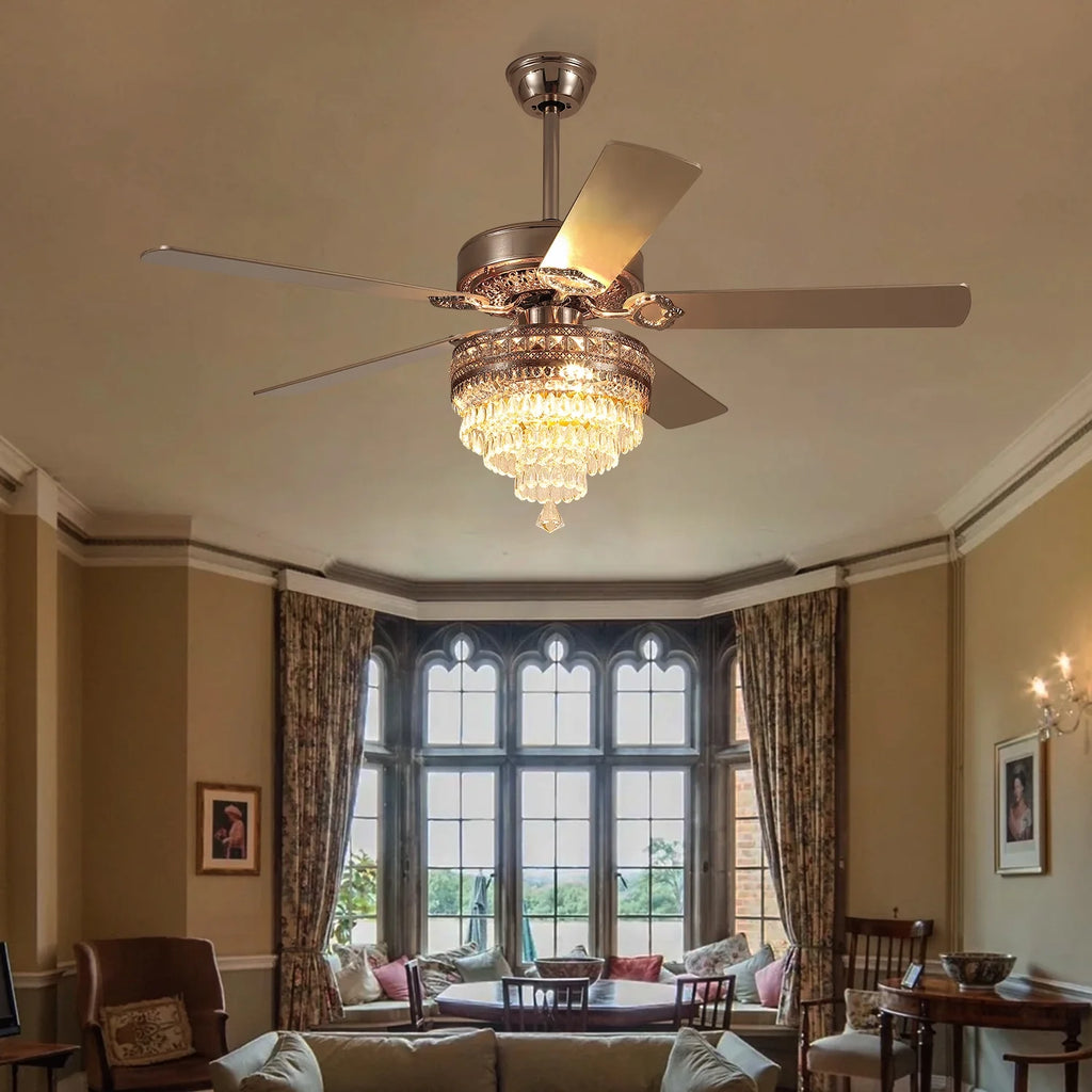 YIOSI 52" Crystal Ceiling Fan Fandelier with Remote Control, Modern Chrome Chandelier Ceiling Fan, Whisper-Quiet Motor, Reversible Blades, LED Lighting, Energy-Efficient, Elegant Living Room Fan