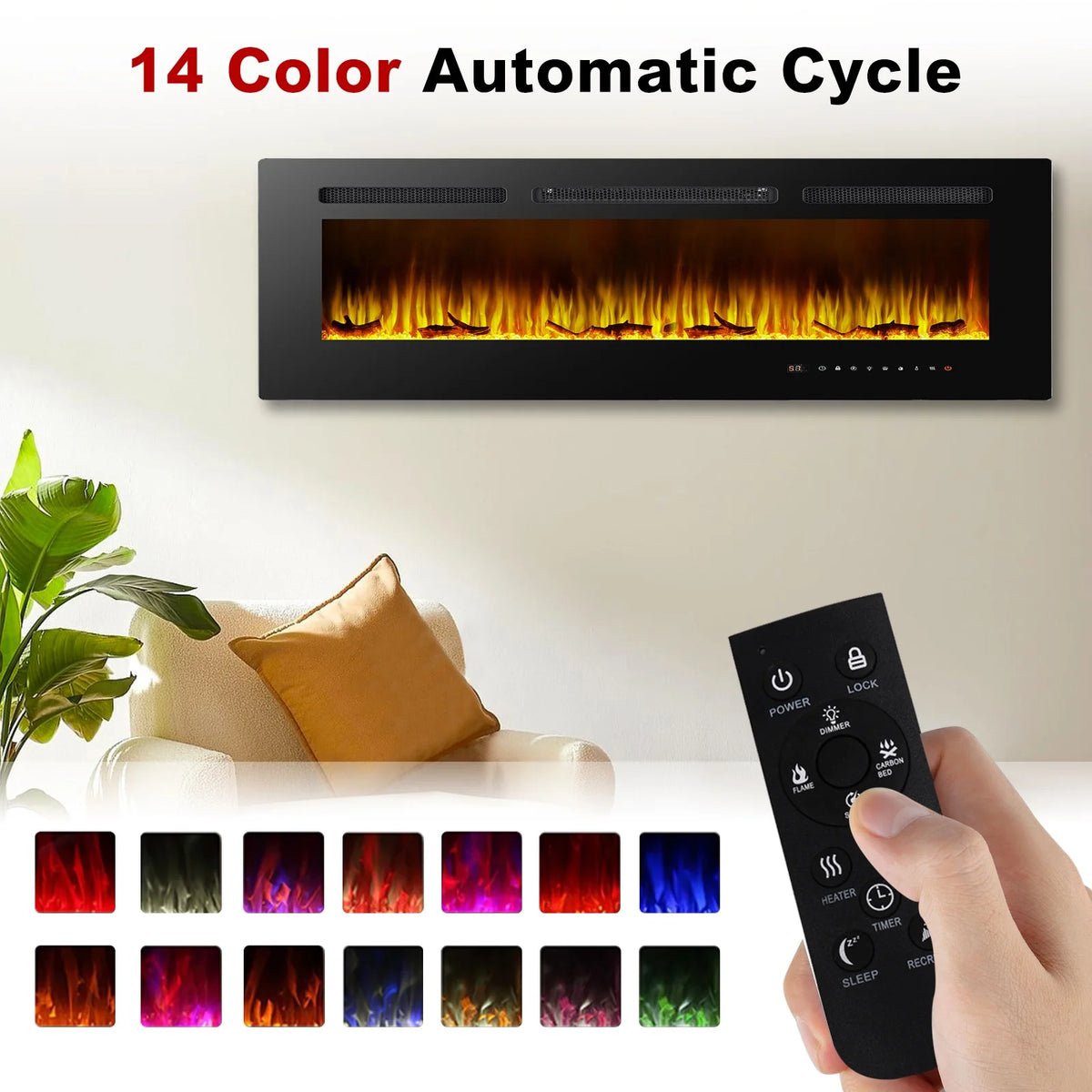 60" Electric Fireplace, Ultra-thin Recessed and Wall Mounted Fireplace, Linear Fireplace with Timer Remote Control Adjustable Flame Color 750w/1500w Black
