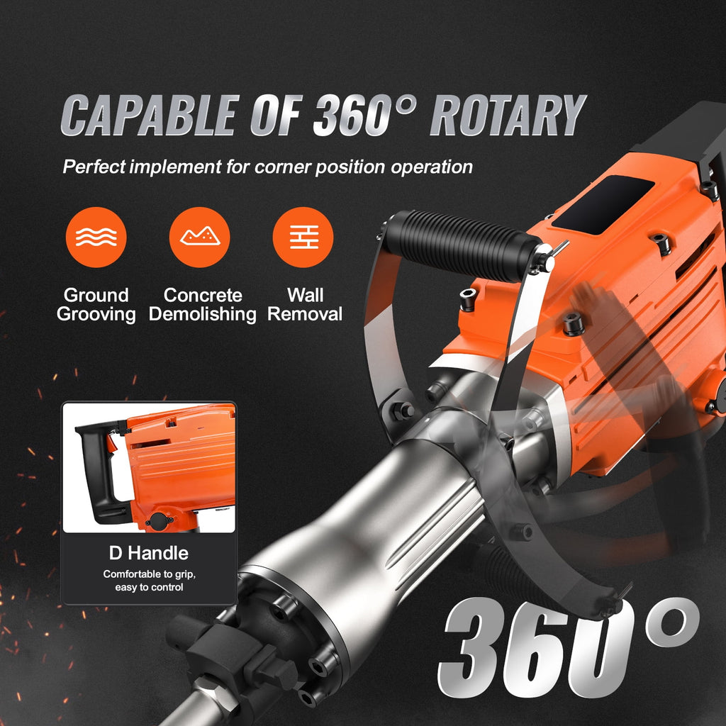 KFFKFF Demolition Jack Hammer, 2200W 1400 BPM Concrete Shattering Drill, Robust Electric Power Drill with 6 Chisel Attachments and Gloves, Front Handle