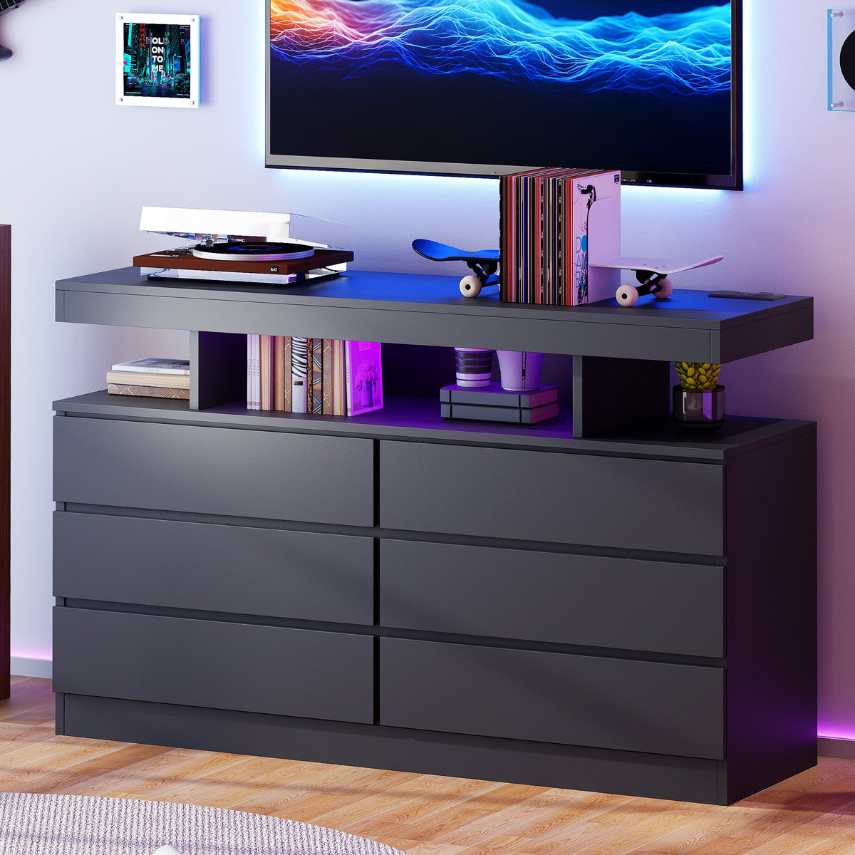 BEWISHOME Black 6-Drawer Dresser with LED Lights & Charging Station Modern Wood Storage Cabinet with Open Shelge Cabinet with Open Shelf, USB Ports & Outlets 47.24" Bedroom & Living Room TV Stand