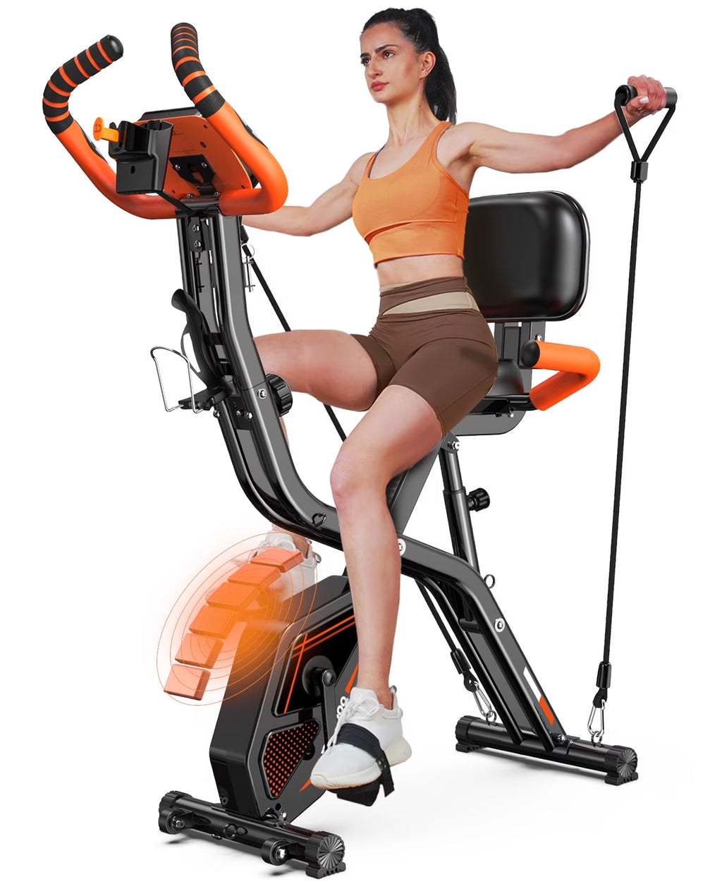 pooboo 4-in-1 Exercise Bike, Foldable Stationary Bike, Tri-Position Indoor Cycling Bike with 8-Level Resistance, Arm Resistance Bands, Pulse Sensor & Back Support Cushion for Home Gym Workout