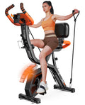 pooboo 4-in-1 Exercise Bike, Foldable Stationary Bike, Tri-Position Indoor Cycling Bike with 8-Level Resistance, Arm Resistance Bands, Pulse Sensor & Back Support Cushion for Home Gym Workout