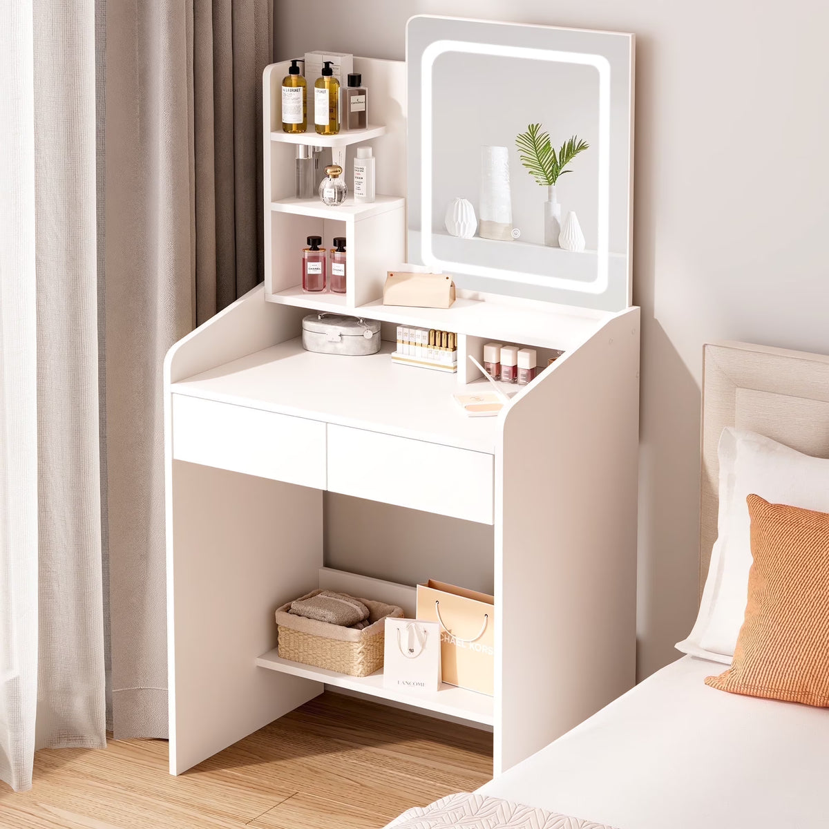 LIVELYGLOW Vanity Desk Set with Square Mirror and Light- Small Vanity Table with Drawers- White