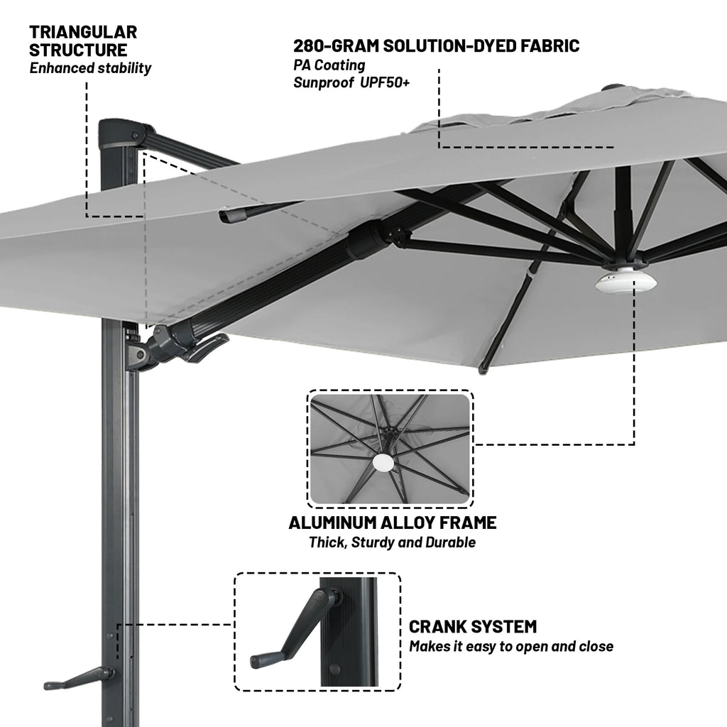Boyel Living Cantilever Outdoor Patio Umbrellas, with Bluetooth Ambient Light & Base, Offset Square Umbrella for Pool Deck Garden Backyard, Navy Blue