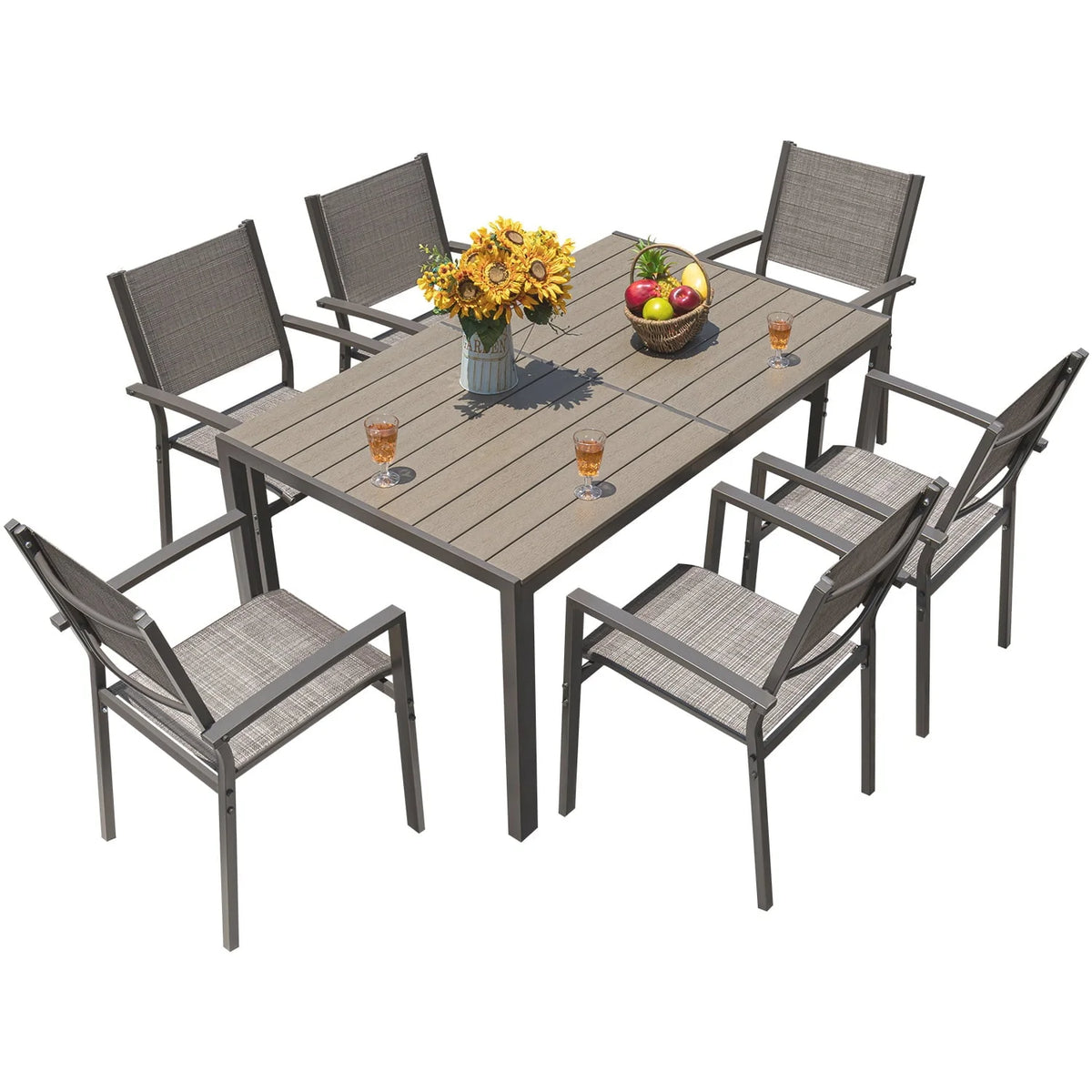 Devoko 7 Pieces Patio Conversation Set,  Patio Dining Set Outdoor Furniture Set 6 Stackable Textilene Armchairs with Rectangular Table, Light Gray