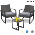 Patio Chairs Set, Outdoor Porch Balcony Furniture Set with Glass Coffee Table, Patio Rocking Wicker Chairs Set with Gray Cushion(Upgraded)