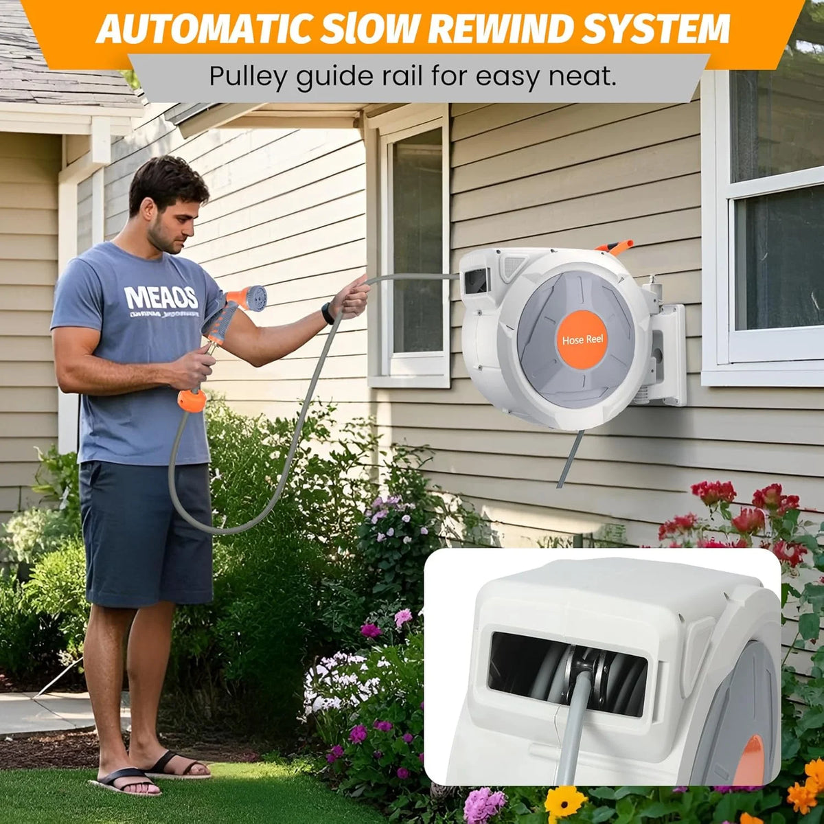 Auto-Retract Wall-Mounted Garden Hose Reel w/9-Pattern Nozzle, 180 Swivel & Any-Length Lock, 600PSI Durable