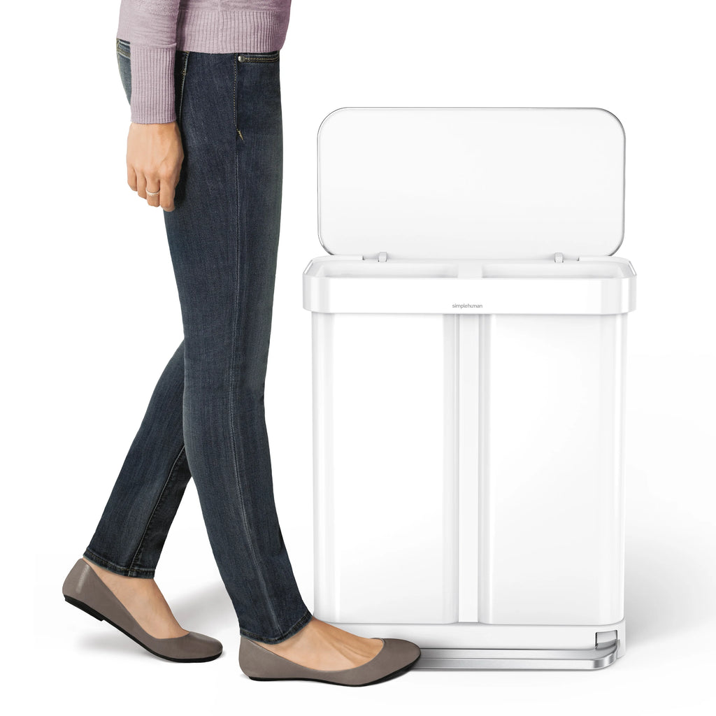 simplehuman 58 Liter / 15.3 Gallon Rectangular Dual Compartment Recycling Step, Brushed Stainless Steel with Soft-Close Plastic Lid Kitchen Trash Can