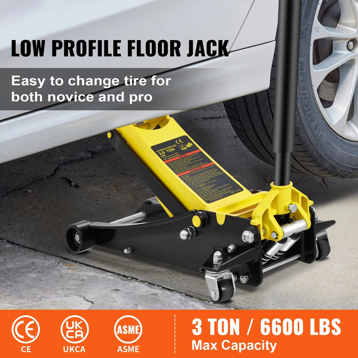 KFFKFF Low Profile Floor Jack, 3 Ton Capacity, Low-lying Steel Jack for Racing, Equipped with Efficient Dual Pistons for Rapid Elevation, Adjustable Height from 3.35 inches to 19.69 inches