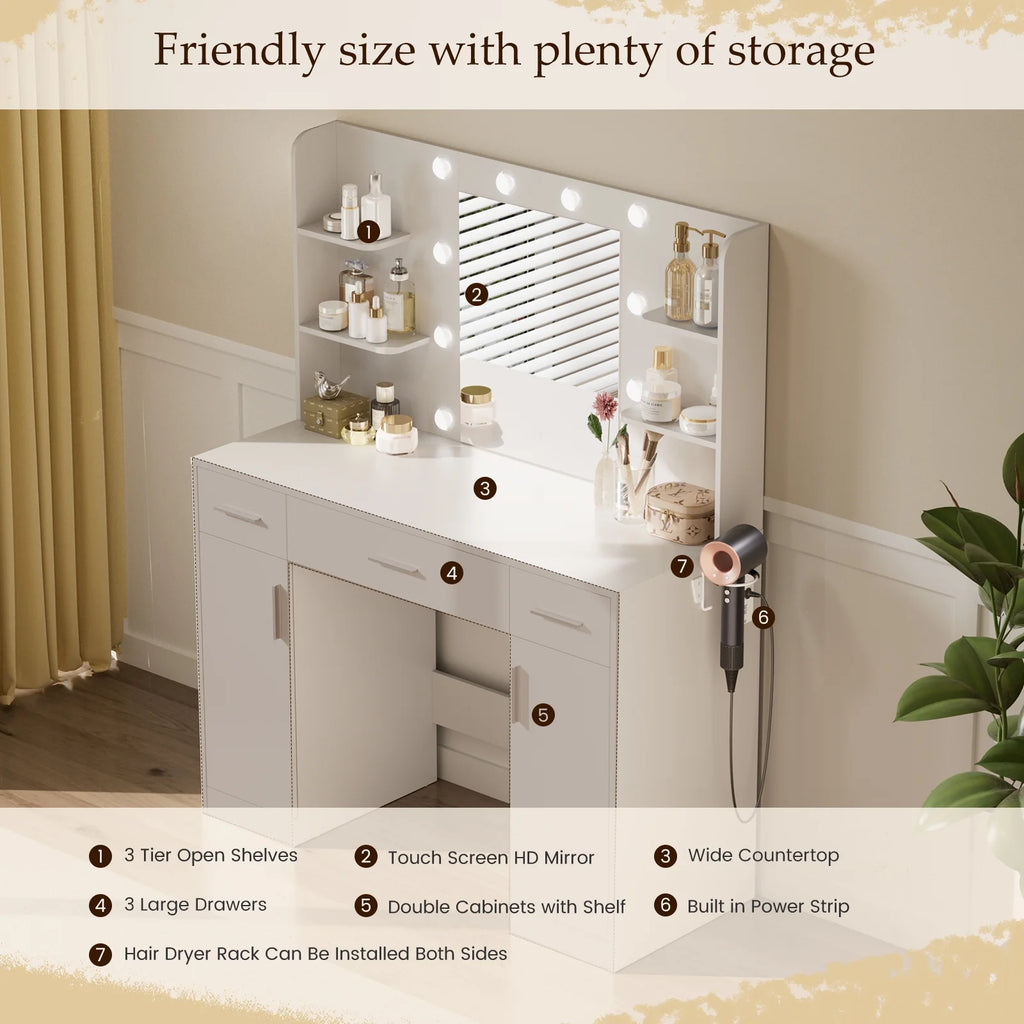 MCQ Dressing Table with Mirror and Light, Adjustable Brightness Dressing Table with Drawers and Storage Shelves, White