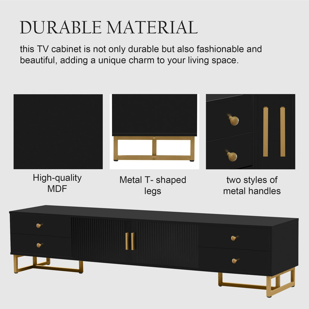 DEALTOPS Stylish TV Stand with 4 Drawers, Spacious Media Console with Metal Legs for TVs Up to 75'', Black