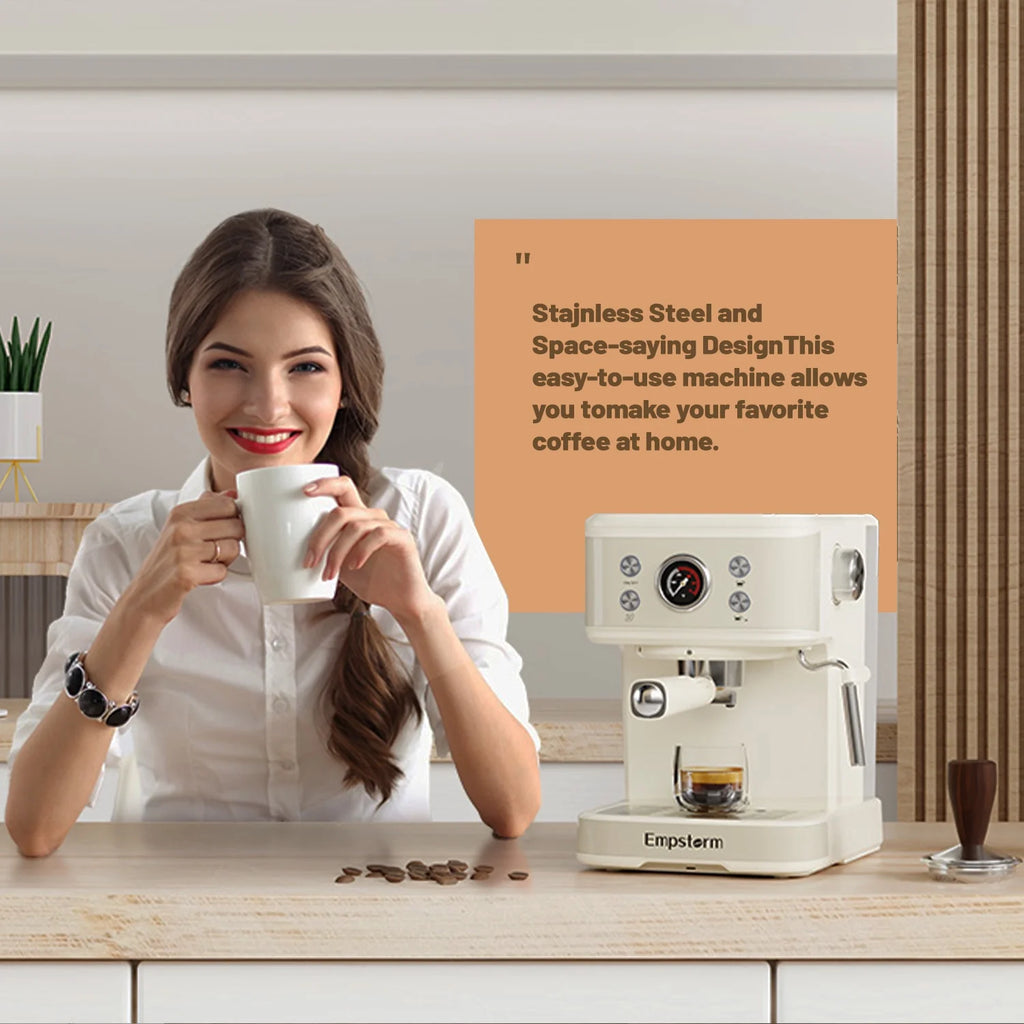 Empstorm 20 Bar Espresso Machine with Milk Frother Steam Wand, 3-in-1 Coffee Maker, Compatible with NS Pods, Stainless Steel, for Latte & Cappuccino, Beige