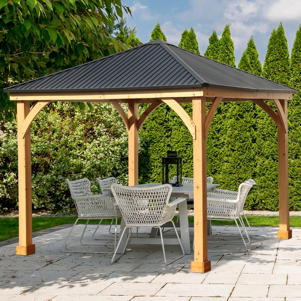 Aoodor 10 x 12 ft Wooden Frame Gazebo with 2-Tier Galvanized Metal Hardtop Roof, Outdoor Patio Gazebo with Charging Socket for Patio, Backyard, Deck, and Lawn