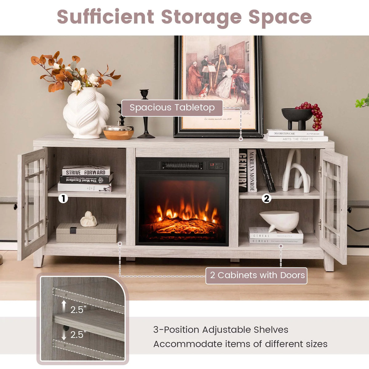 Costway 58 Inches Fireplace TV Stand for TVs up to 65 Inches with 1400W Electric Fireplace Natural