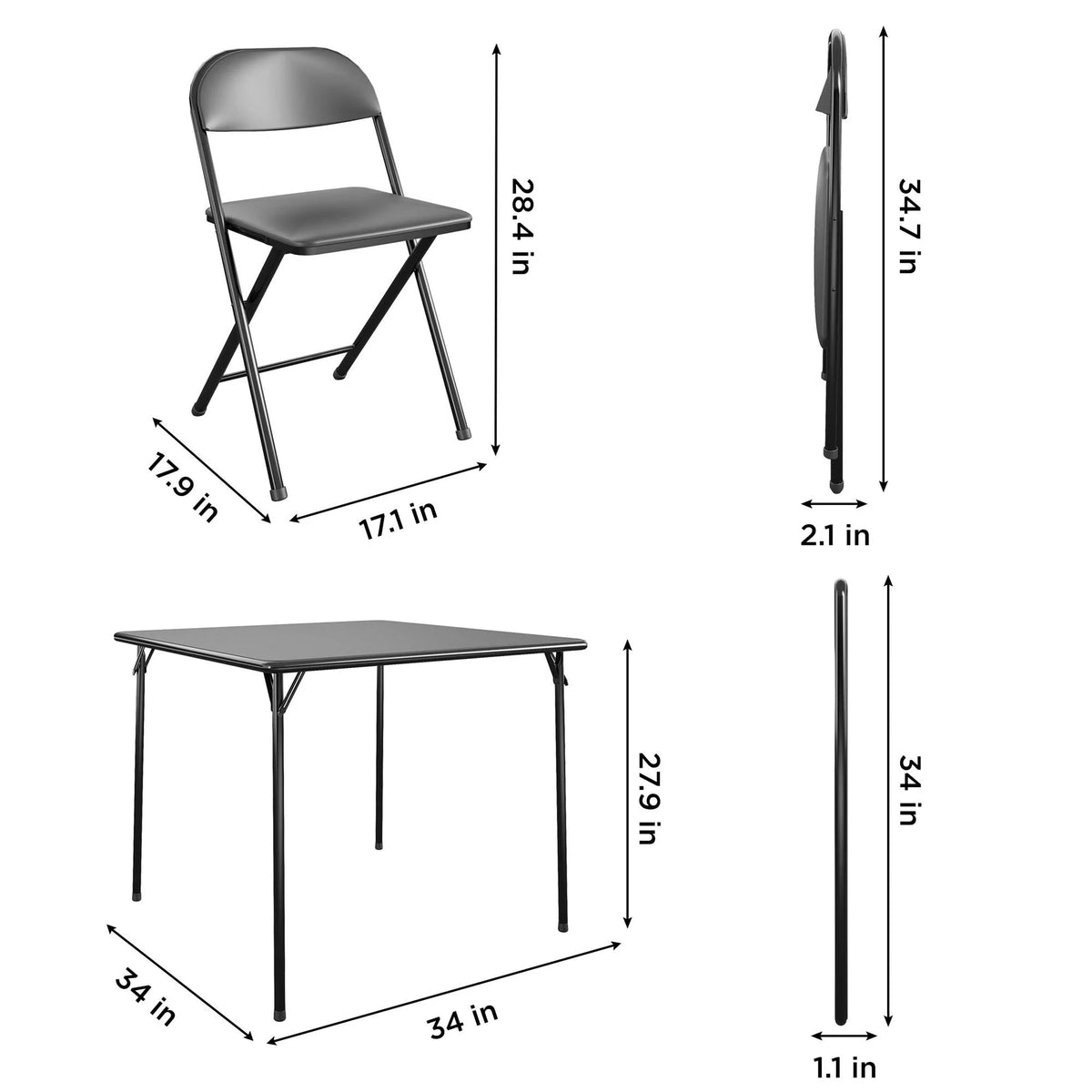 COSCO 5-Piece Folding Set with Card Table and 4 Vinyl Padded Chairs, Black
