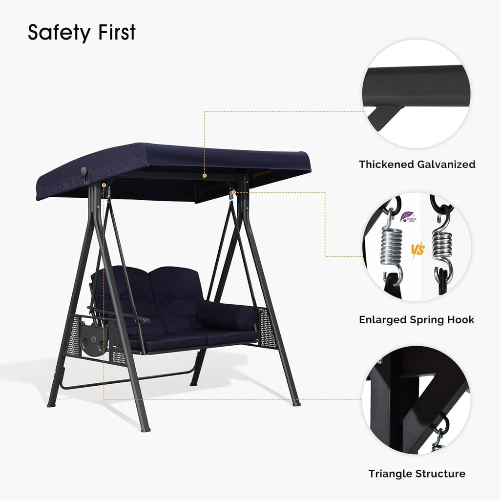 PURPLE LEAF 3-Seat Deluxe Outdoor Patio Porch Swing with Weather Resistant Steel Frame, Adjustable Tilt Canopy, Cushions and Pillow Included, Terra