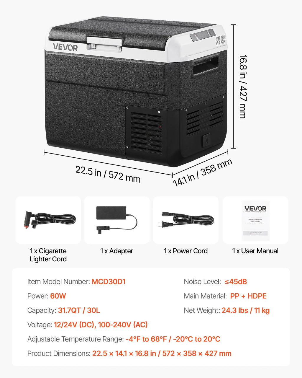 VEVOR 12 Volt Car Refrigerator, 31.7QT/30L Car Fridge, Portable Electric Cooler with -4℉~68℉ Adjustable Temperature, 12/24V DC and 100- 240V AC Compressor Freezer for Outdoor, Camping, Travel, RV