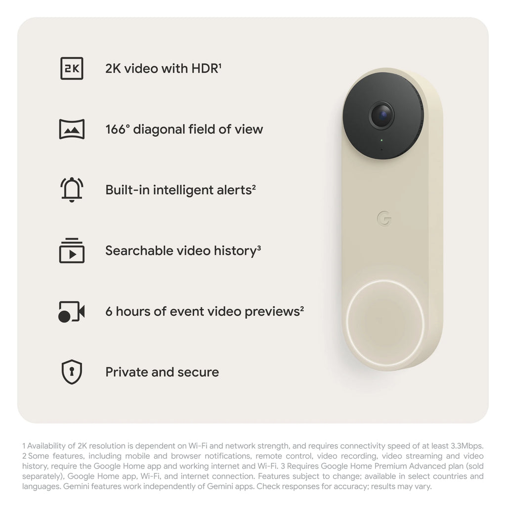 Google Nest Doorbell (Wired, 3rd Gen) - Video Doorbell Camera with 2K Video - Works with Google Home - With Gemini - Linen