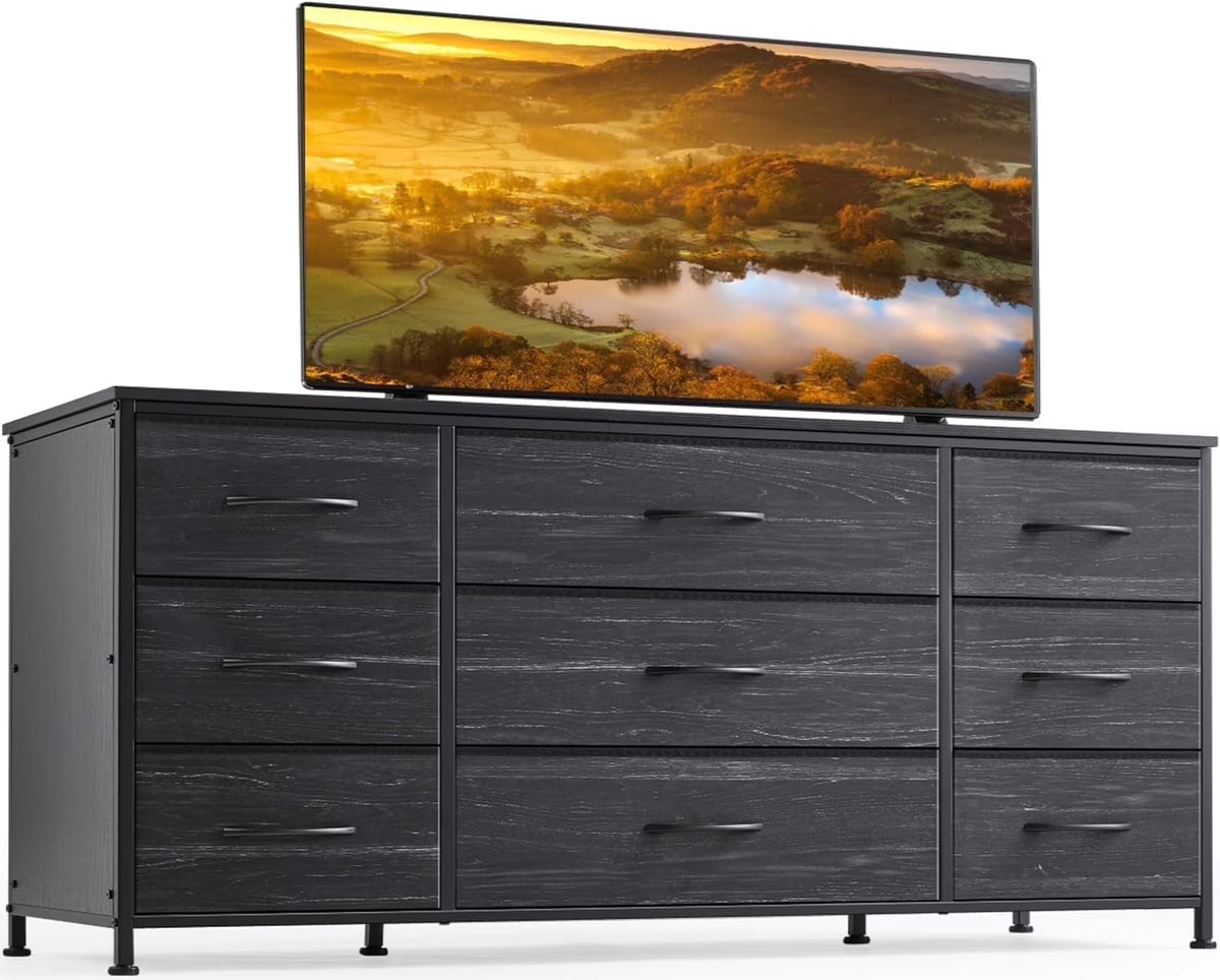 Wide Dresser TV Stand with 9 Drawers Dresser for Bedroom Chests of Drawers for Living Room, Black