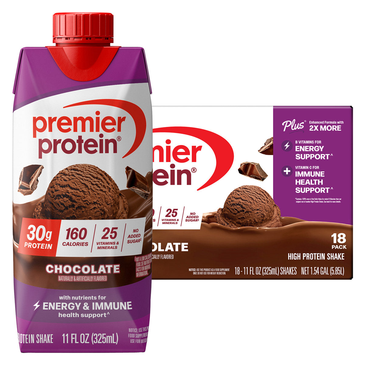 Premier 30g Protein PLUS Energy and Immune Support Shakes, Chocolate, 11 fl oz, 18-pack