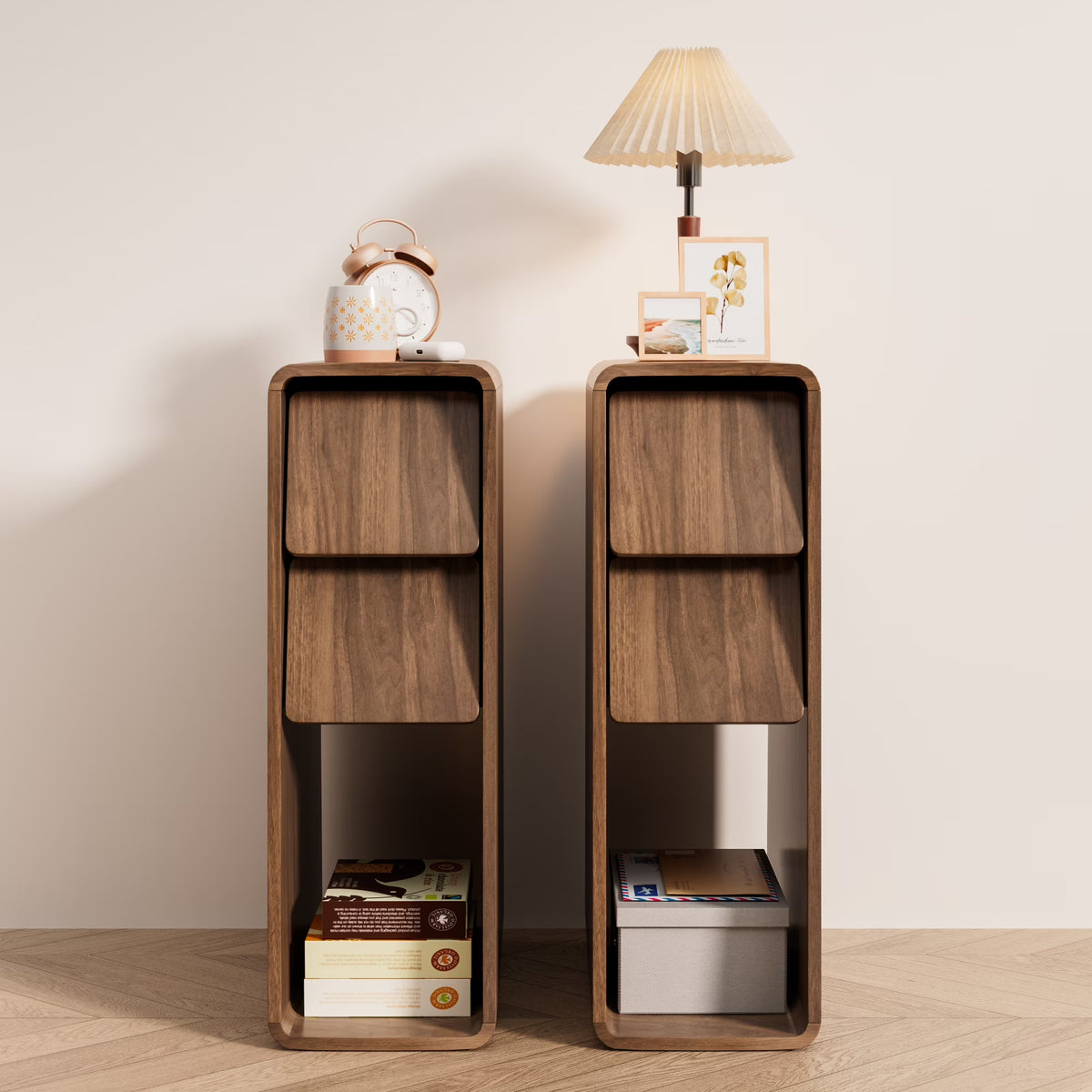 Narrow Nightstand Set of 2 with Drawers, Fluted Slim Side End Table with Storage for Small Spaces