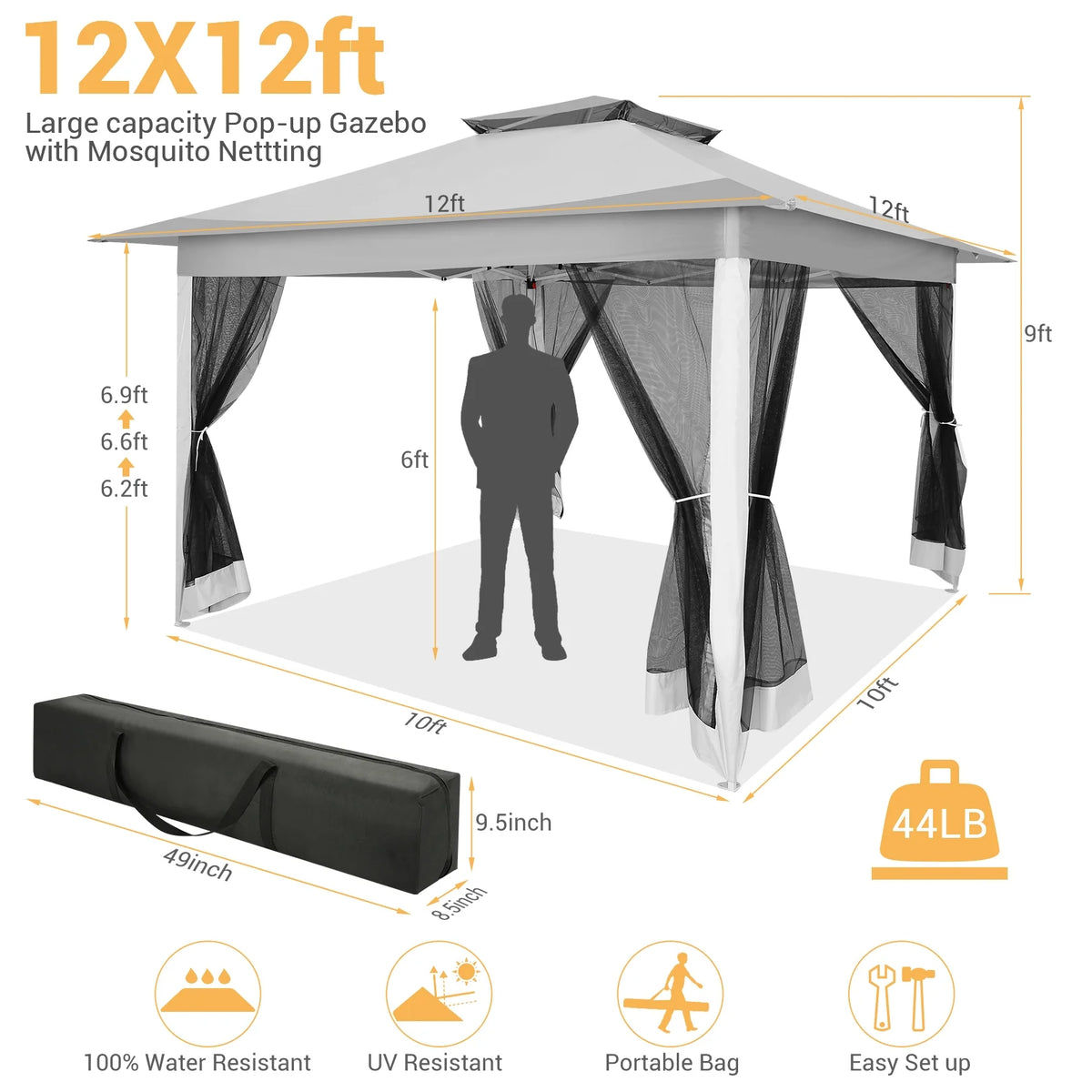 HOTEEL 12x12 Outdoor Pop-up Gazebo Canopy with Mosquito Netting 2-Tiered Vented Top 3 Adjustable Height for Backyard, Garden, Lawn,Light Grey
