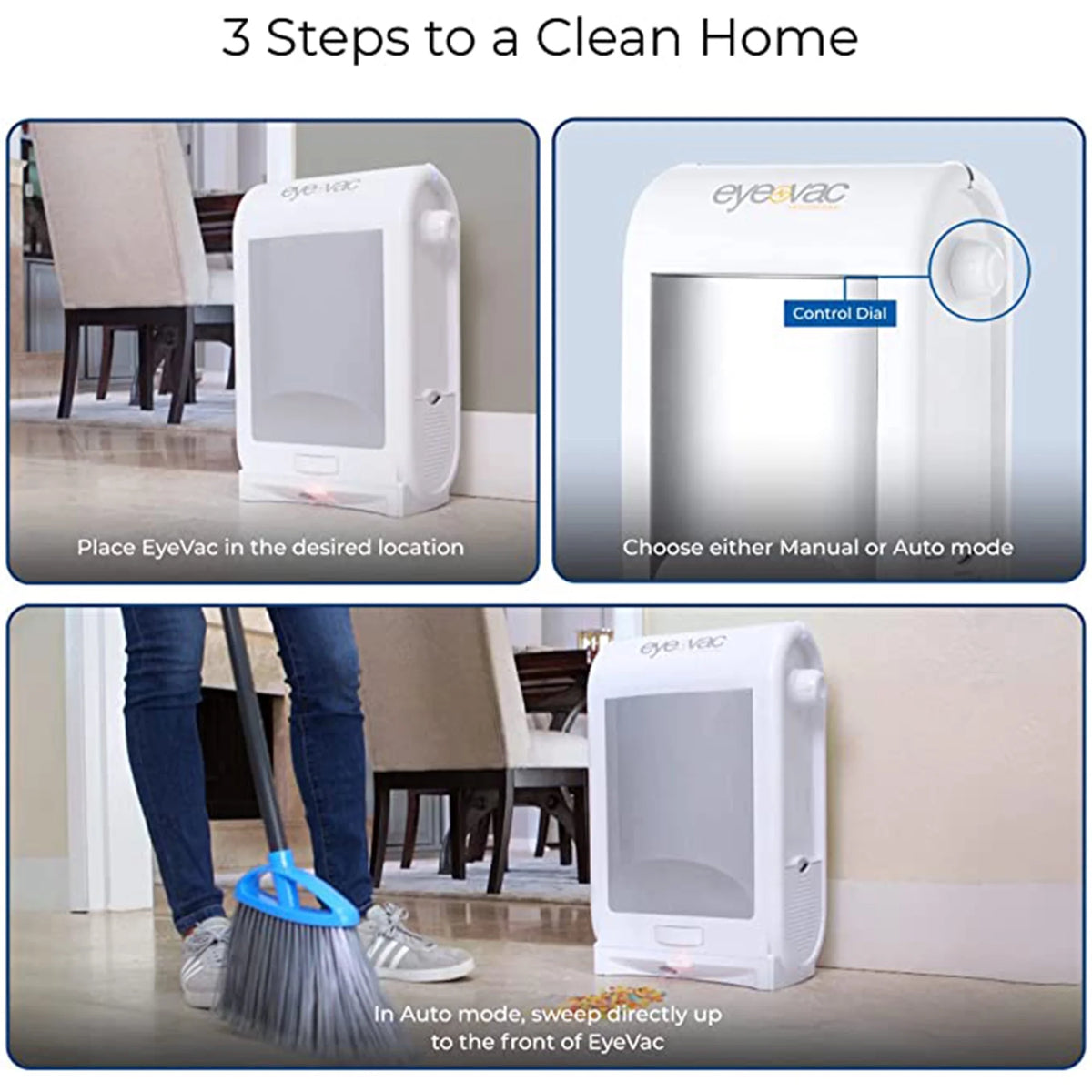 EyeVac Touchless Electric Stationary Pet Vacuum Hard Floor Cleaner, White